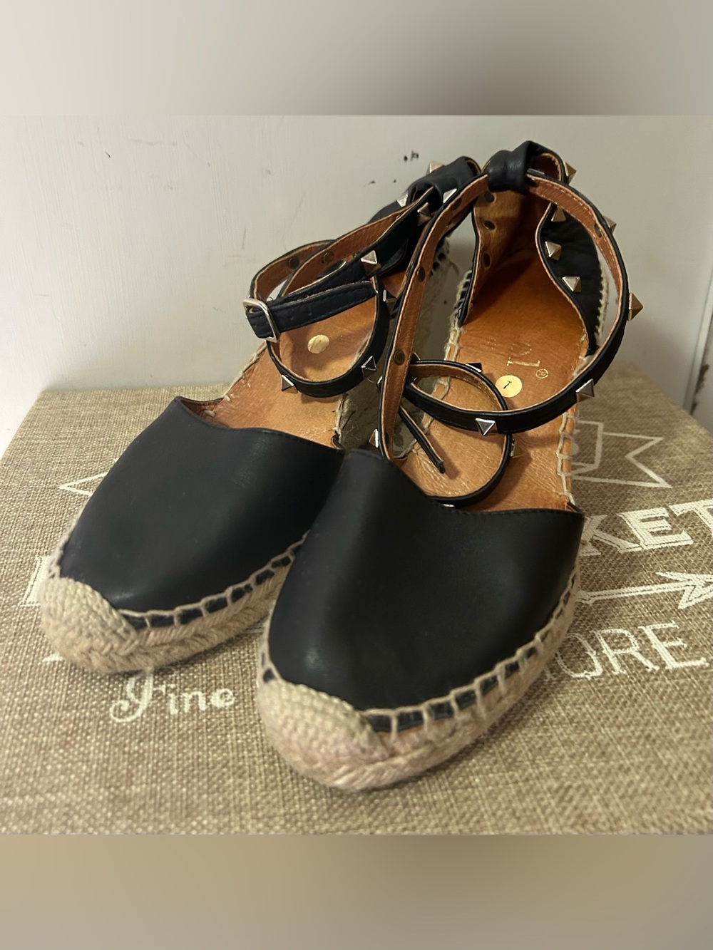Maypol Black Espadrille Wedge Sandals with Studded Ankle Straps Made In Spain